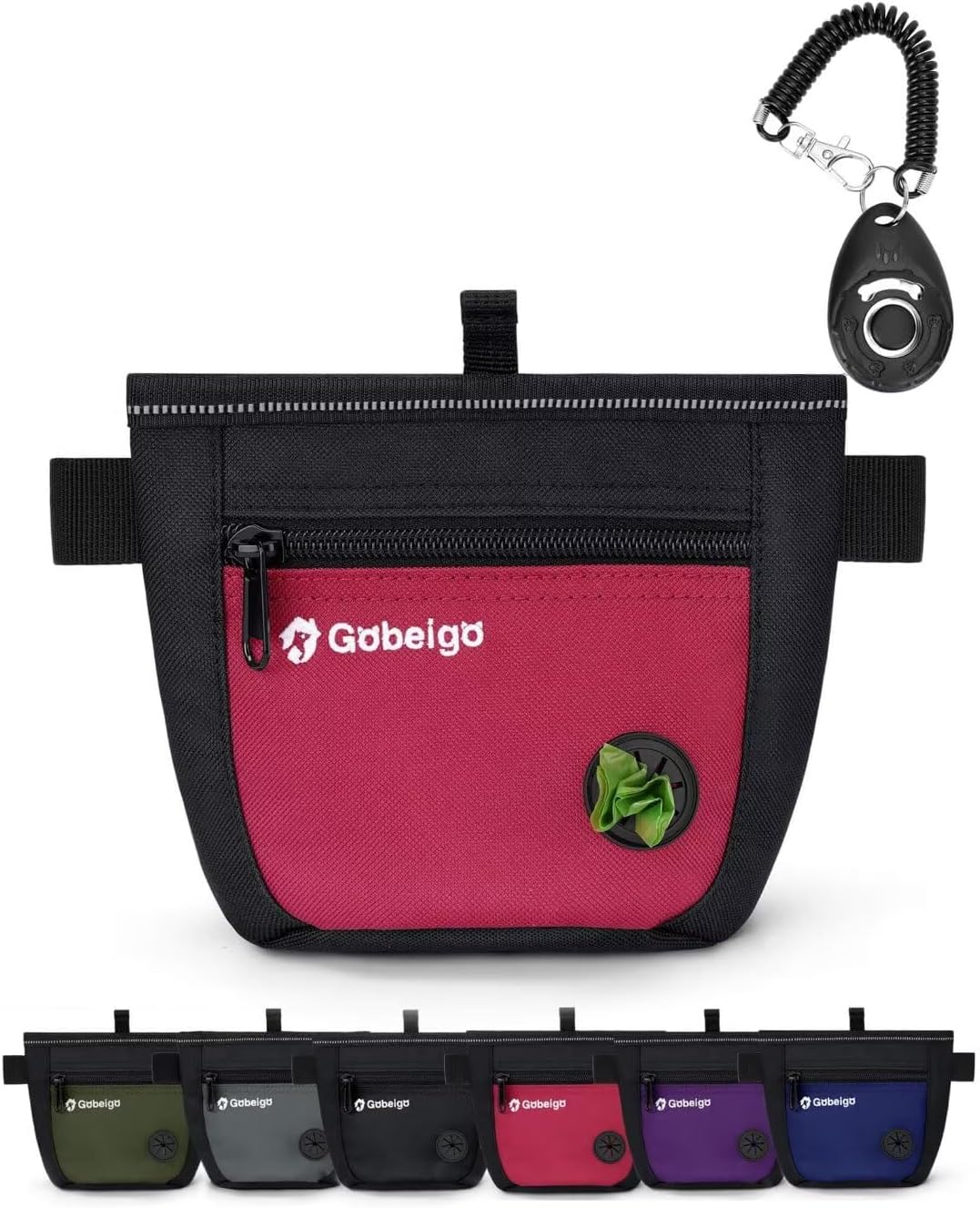 Gobeigo Dog Treat Pouch and Training Clicker, Upgrade Two Magnetic Closure to Prevent Spills, 2 Cup Treat Bag with Poop Bag Dispenser, Metal Clip Waist Belt Fanny Pack for Pet Walking(Black/Red)