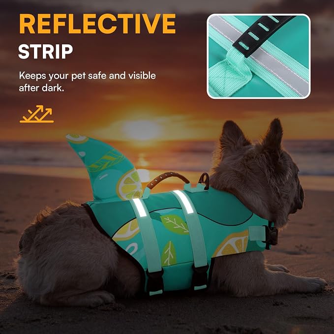 Dog Shark Life Jacket with Rescue Handle - Adjustable Reflective Dog Life Preserver for Large Dogs, Green Print XL