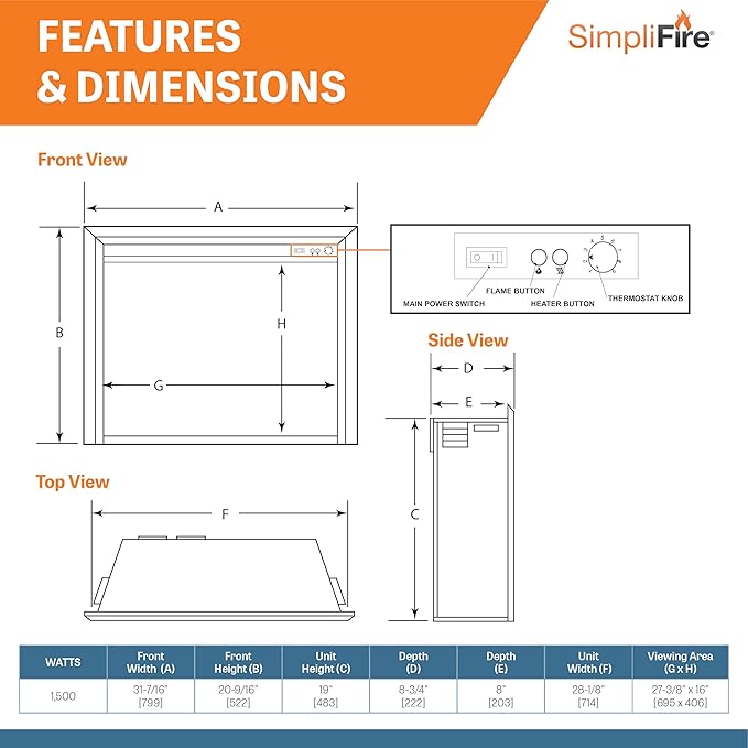 SimpliFire Electric Fireplace Insert, 32-Inch Black Traditional Fire Place
