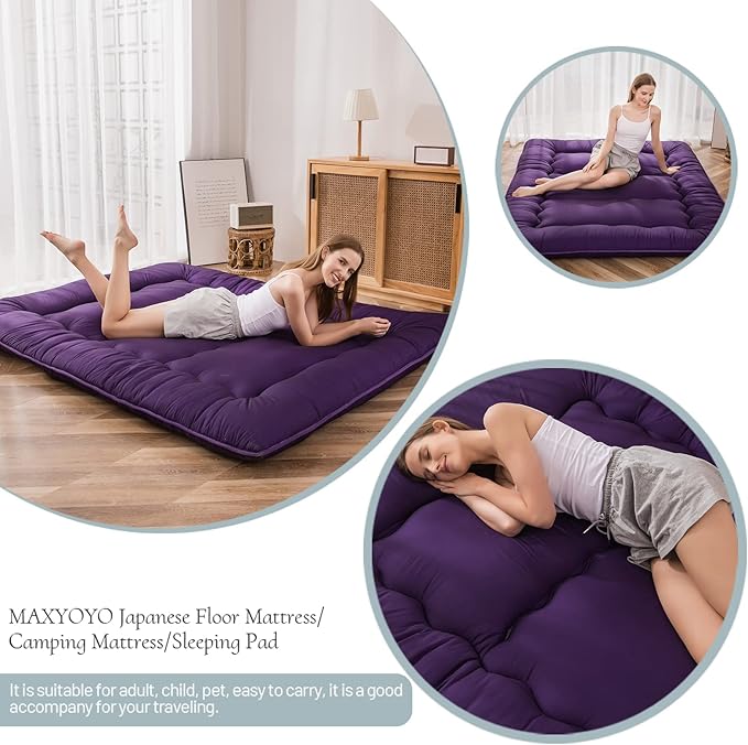 MAXYOYO Japanese Floor Mattress Futon Mattress, Thicken Sleeping Pad Foldable Roll Up Floor Futon for Adults Tatami Mat Dormitory Bed Lounger, Purple, Full Size