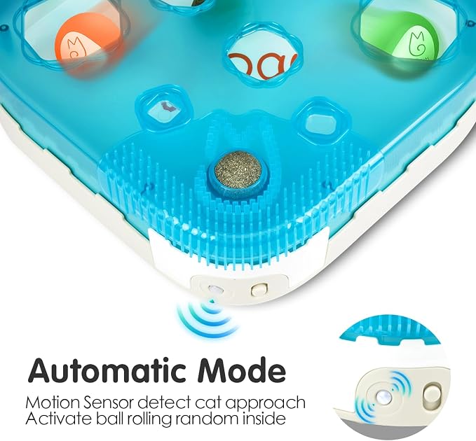 Migipaws 7-in-1 Interactive Cat Toy Motion Activated Indoor Playset with Automatic Pop Bounce Cat Ball, Feather Palm Tree Wand, Catnip Ball & Self-Grooming Cardboard House Rechargeable
