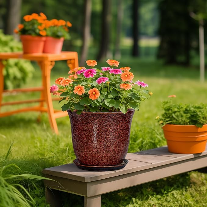 10 Inch Plant Pot - Ceramic Pots for Plants with Drainage Hole and Saucer, Round Flower Pot for Indoor Outdoor, Modern Ceramic Planter, Garden Room Home Decor, House Warming Gifts, Red