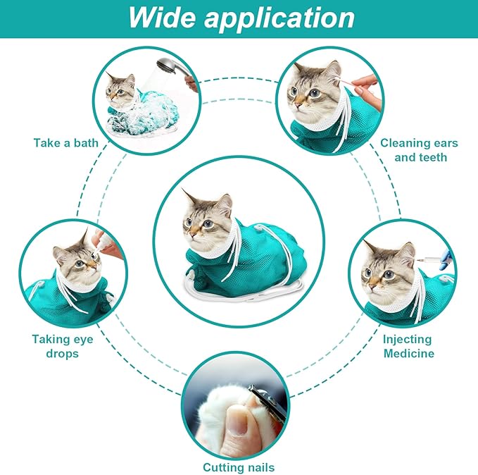 Breathable Mesh Shower Bag - Anti Scratch Adjustable Grooming for Nail Trimming, Bathing - Polyester Soft Cat Washing (White-Green)