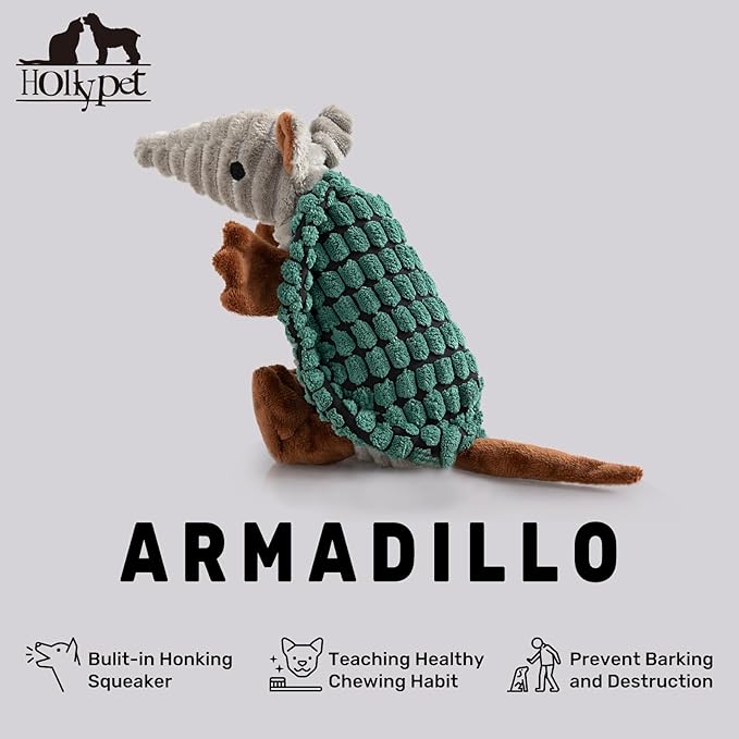 Hollypet Plush Dog Squeaky Toy Stuffed Armadillo Animal Pet Puppy Chew Toys with Clean Teeth for Small Medium Large All Breed Sizes Dogs, Deep Green,8 in