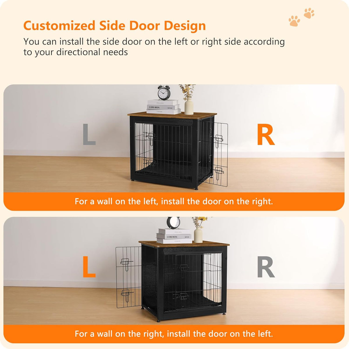 DWANTON Dog Crate Furniture with Cushion, Wooden Kennel Table with Double Doors, Indoor Dog House, Small/Medium/Large Size, 27.2" L, Black+Warm Brown
