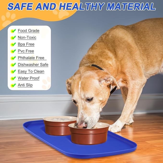 SMILOOL Waterproof Silicone Pet Food Mat with Raised Edge for Dog & Cat | 24" x 16" Non-Slip Pet Feeding Mats with Lip for Food & Water Bowl, Food Grade, Easy Cleaning, Navy Blue
