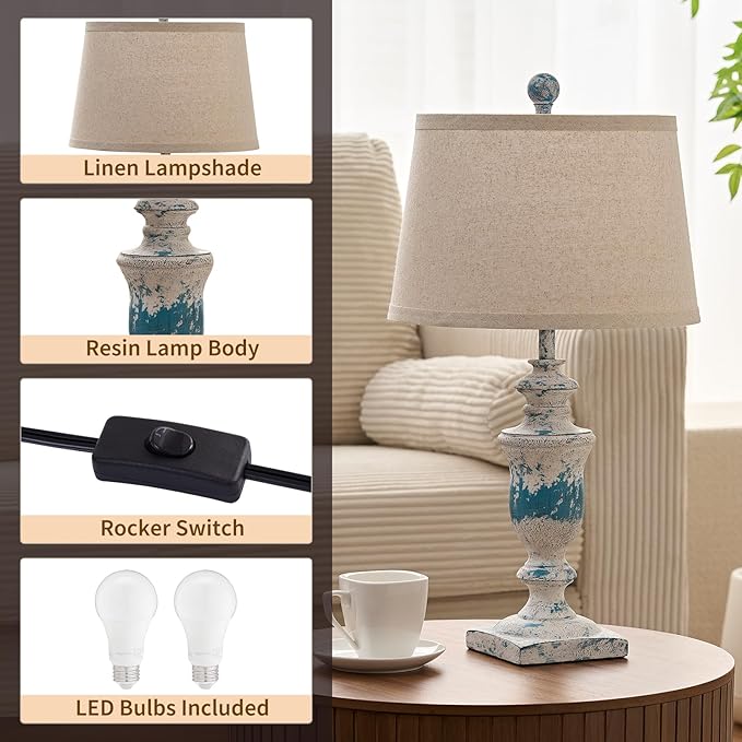 23" Farmhouse Table Lamps Set of 2, 3 Way Dimmable Lamps with 2 LED Bulbs and Rocker Switch, Vintage Nightstand Lamp for Bedroom Living Room Office End Table Entryway, Washed Blue