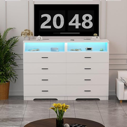 Dresser with Power Outlets and LED Lights Wooden 4 Drawer Dresser with Large