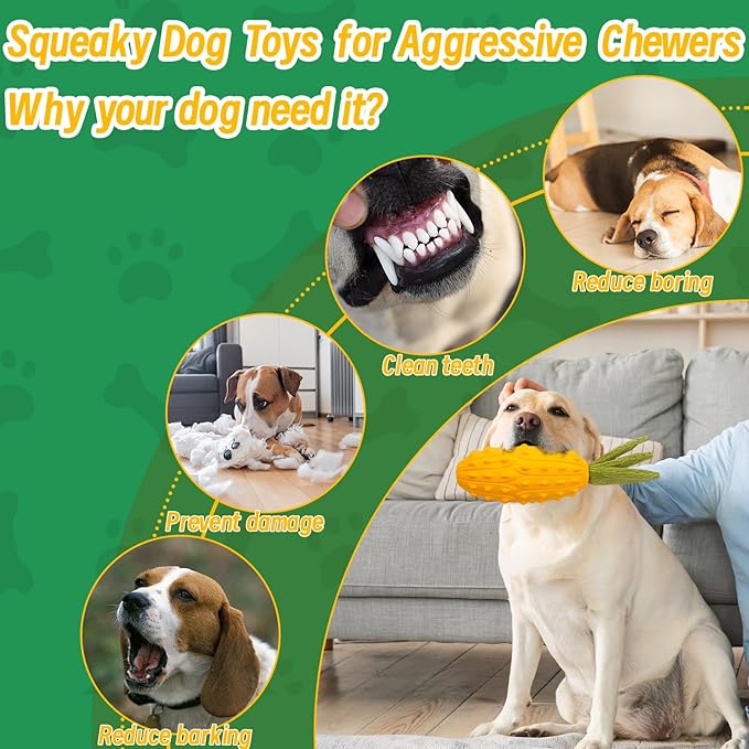 Squeaky Dog Chew Toys, Strong Tough Dog Toy with Natural Rubber, Teething Chew Toys for Small Medium Large Breeds, Kiwano Horned Cucumber Shape