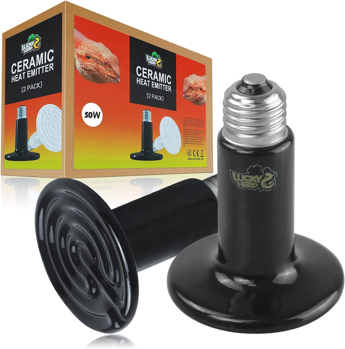LUCKY HERP 50W Ceramic Heat Emitter, Reptile Heat Bulbs, Ceramic Heat Lamp for Reptiles, Amphibian, Chicken, Dog, Cat (2-Pack)
