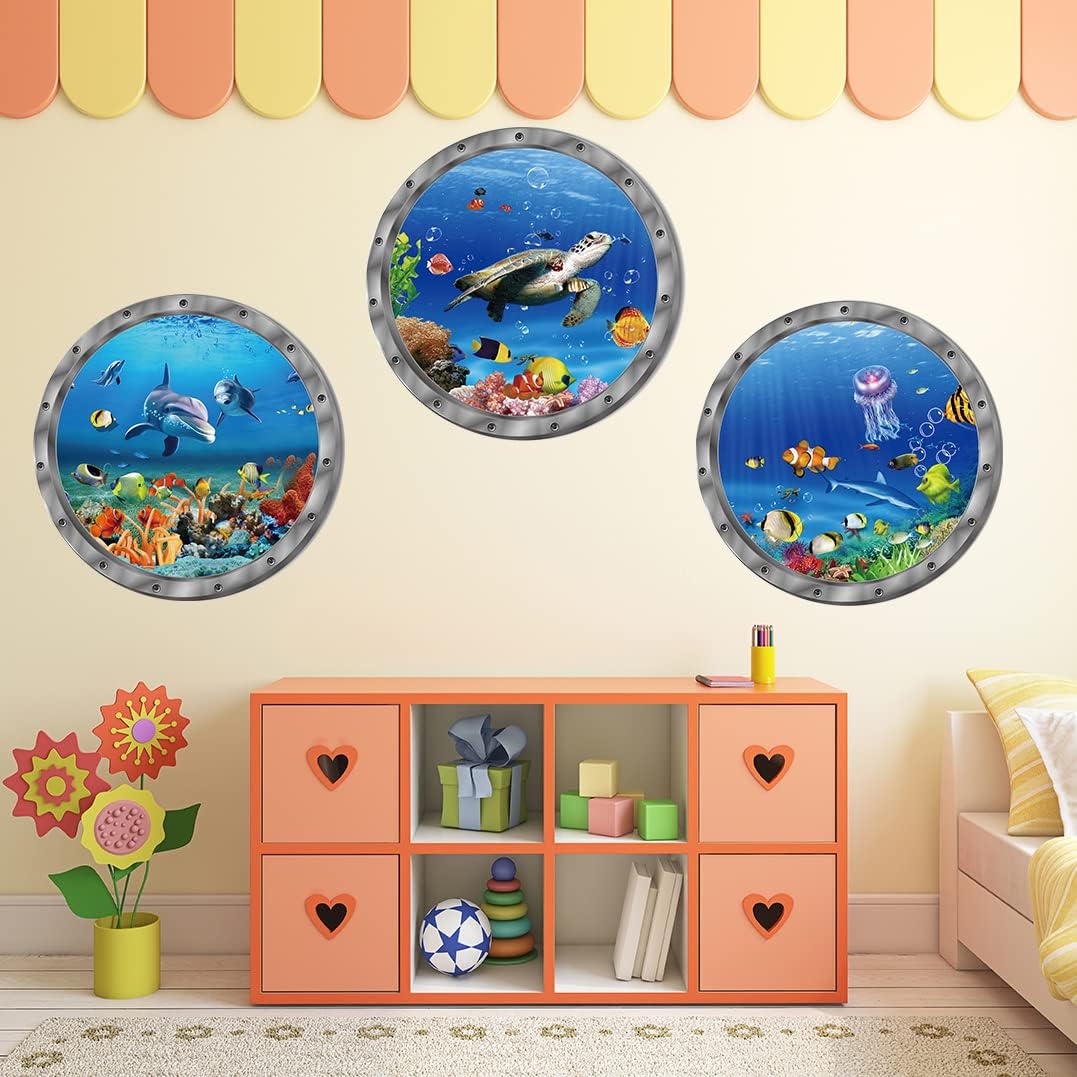 Ocean Animals World Under Sea Decor Includ Sea Turtles Dolphins Fishes 3 Pcs Removable 3D Peel and Stick Vinyl Stickers for Bathroom,Wall Decor,Wall Stickers,Bedroom,Furniture