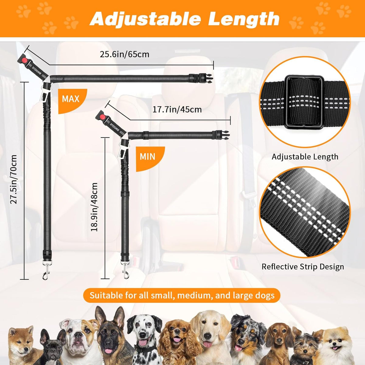 BWOGUE Pet Dog Cat Seat Belt Reflective Car Dog Headrest Restraint Leash Elastic Buffer Bungee Adjustable Tangle-Free Safety Leads Vehicle Seatbelt Harness for Small, Medium and Large Dogs (1 Pack)