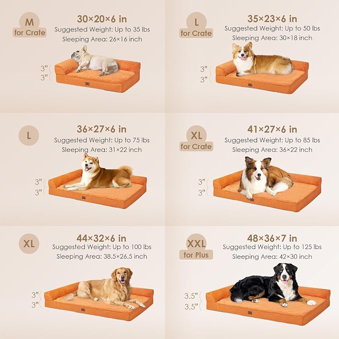 EHEYCIGA Memory Foam Dog Bed for Crate, L Plus Orthopedic Dog Bed, Pumpkin | Washable Removable Cover, Waterproof Flat Pet Sofa Couch with Nonskid Bottom, 41x27x6.5