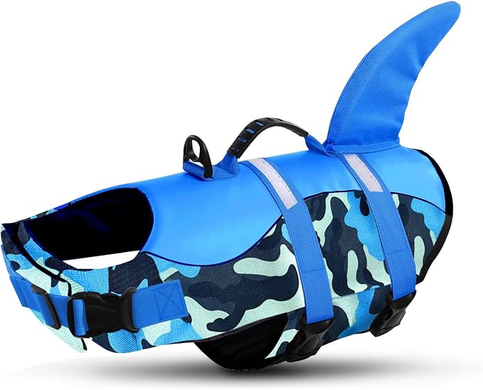 Dog Life Jacket Ripstop Dog Shark Safety Vest Adjustable Preserver with High Buoyancy and Durable Rescue Handle for Small,Medium,Large Dogs, Blue Camouflage Large