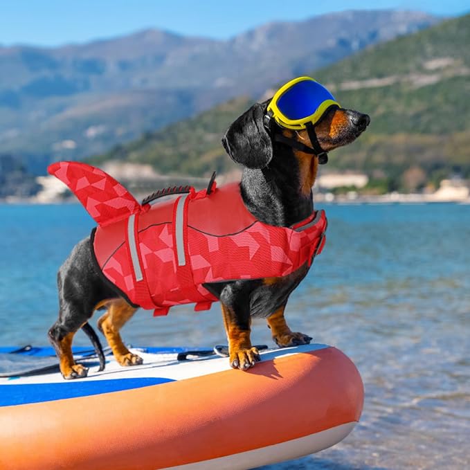 Shark Dog Life Jacket, LifeVests for Boating, High Buoyant Dog Life Vest for Swimming, Adjustable Easy On Pet Jackets for Small, Medium, Large Dogs (Red Triangle,S)