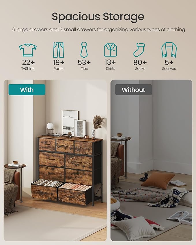 SONGMICS Dresser for Bedroom, Chest of Drawers, 9 Non-Woven Fabric Drawers