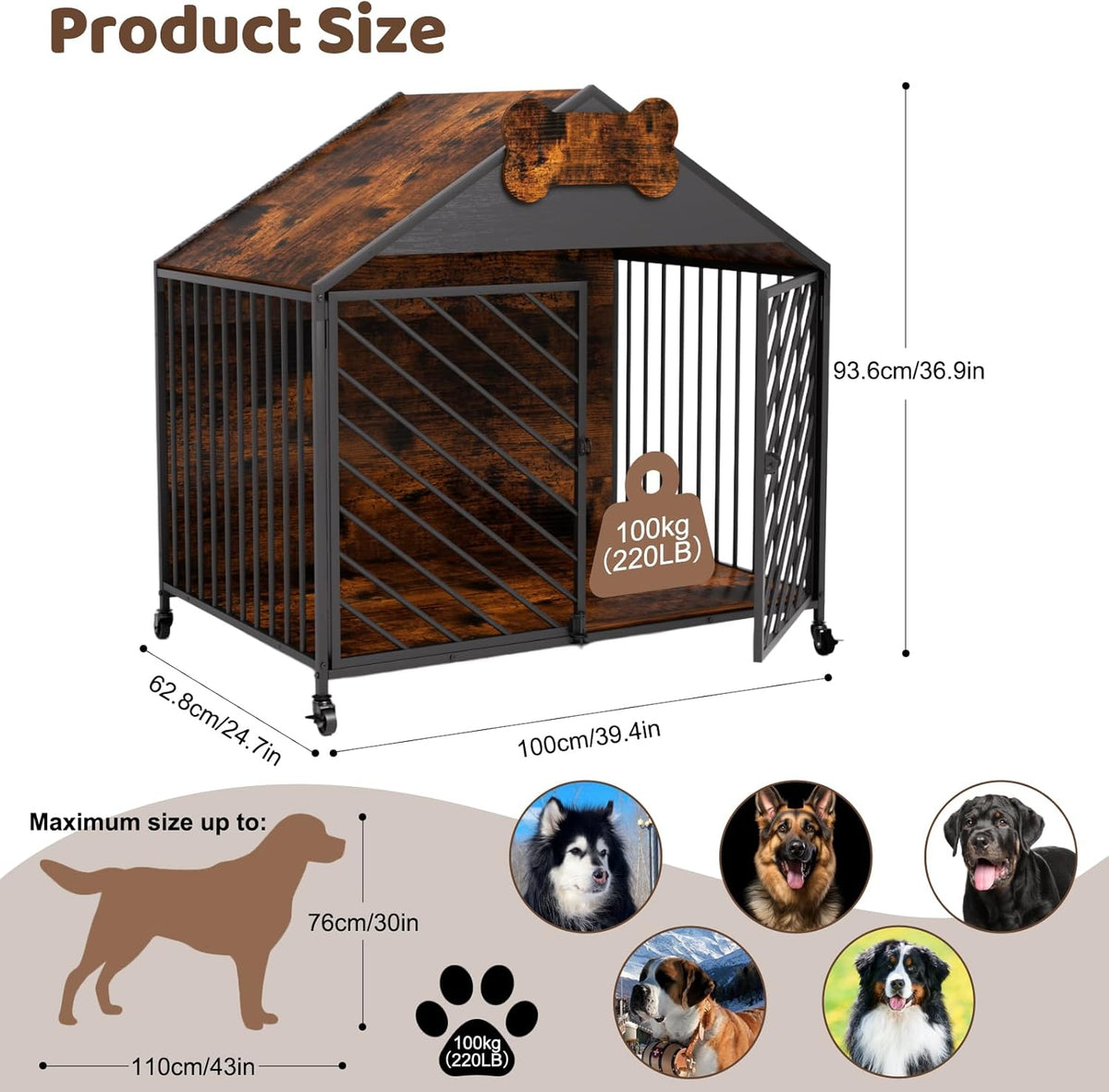 Heavy Duty Dog Crate Furniture for Large Breed - 39.4" Chew-Proof Kennel with Gable Roof, Double Door Escape-Proof Indoor Dog Cage, Rustic Brown