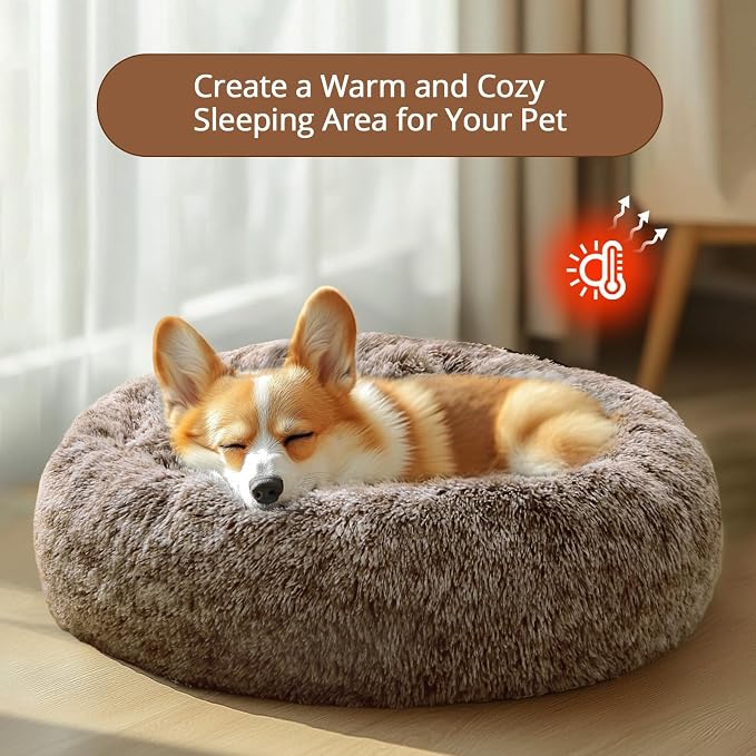 JOLLYVOGUE Calming Dog Bed Medium Size Dog, Anti-Anxiety Donut Medium Pet Bed, 27 inches Fluffy Faux Fur Round Cat Bed (Smoke Brown)