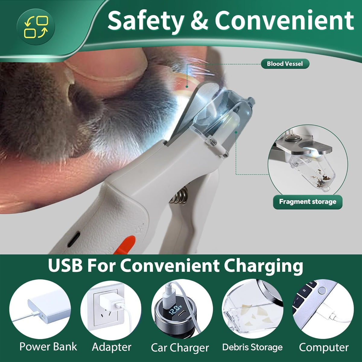 Dog Nail Clippers & Cat Nail Clipper With Catcher, 2 In 1 Dog Nail Trimmers & Grinder With Light for Large Small Dogs Cats,Silent Groom Pro Claw Trimmer, Rechargeable Dogs Nails Grinder Quiet