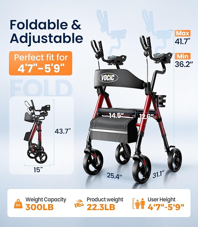 VOCIC Walkers for Seniors, Upright Walker with Adjustable Armrests, Z22 GelCool Stand Up Walker with Ergo Seat & Backrest, 8" All Terrain Rollator with 300lb,Cup& Cane Holder