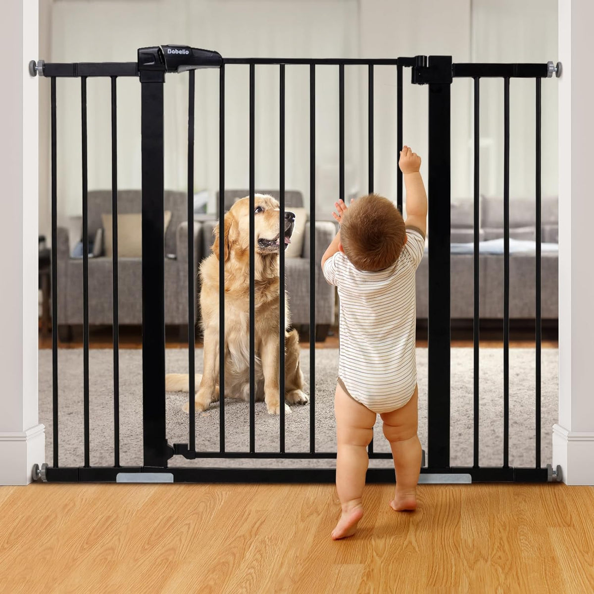 BABELIO 36" Tall Baby Gate, 29-48" Auto-Close & Pressure Mounted, Black Steel Dog Gate for Stairs & Doorways