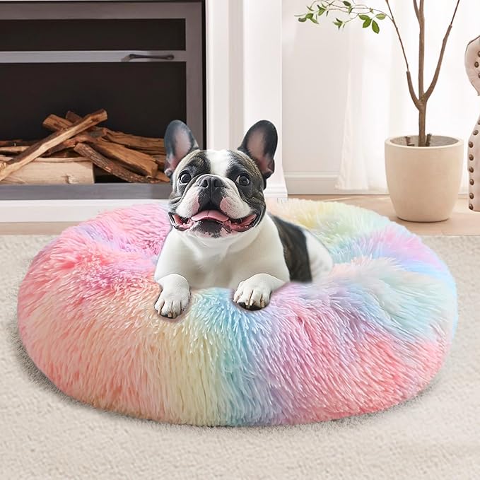 JOLLYVOGUE Calming Small Dog & Cat Bed for Indoor Cats - 20 inches Washable Donut Bed for Kittens & Puppies, Anti-Anxiety Round Fluffy Plush Pet Beds (Fits up to 15 lbs, Rainbow)