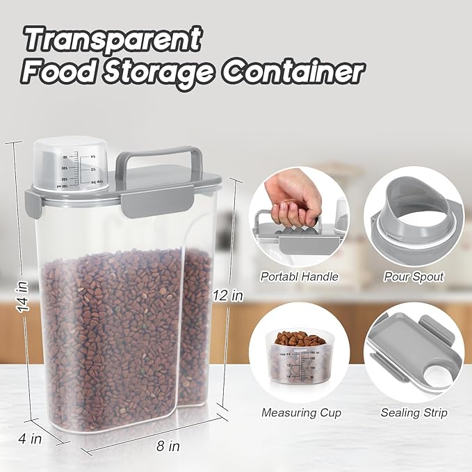 Dog Food Storage Container, Upgraded Large Nozzle BPA-free, 8-12 LBS Plastic Pet Food Storage Containers, With 4 Sealed Clasps, 1 Measuring Cup and Handle, Easy to Clean and Carry -2 Packs