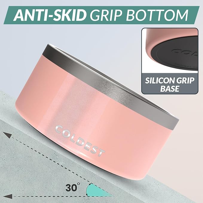 Coldest Dog Bowl - Anti Rust Metal, Non Slip, 3 Layers Insulated Stainless Steel Dog Bowls - Spill Proof & Heavy Duty - Water Bowl for Dogs, Cats, Dish Washer Safe (200 oz, Forever Pink Glitter)
