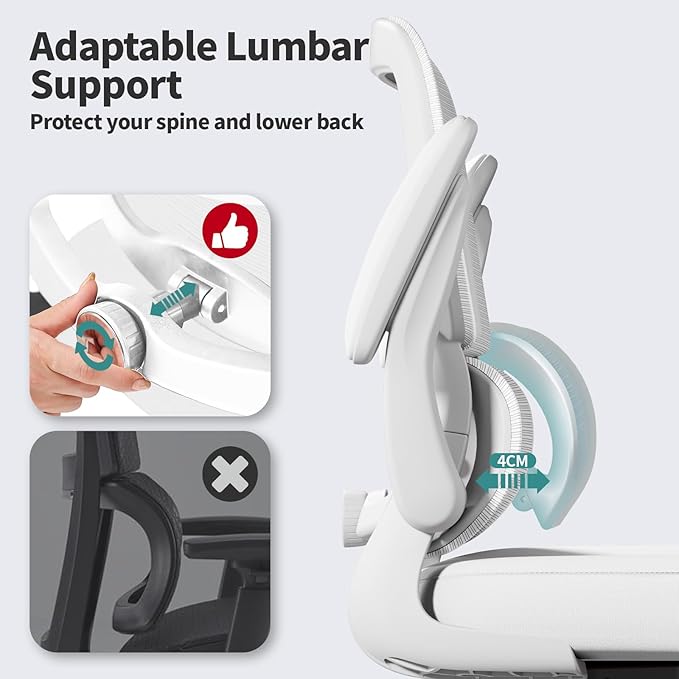 Office Chair - Ergonomic Desk Chair with Adjustable Lumbar Support, Mesh Computer Chair, Executive Chair for Home Office Comfortable Lumbar Support (White White)