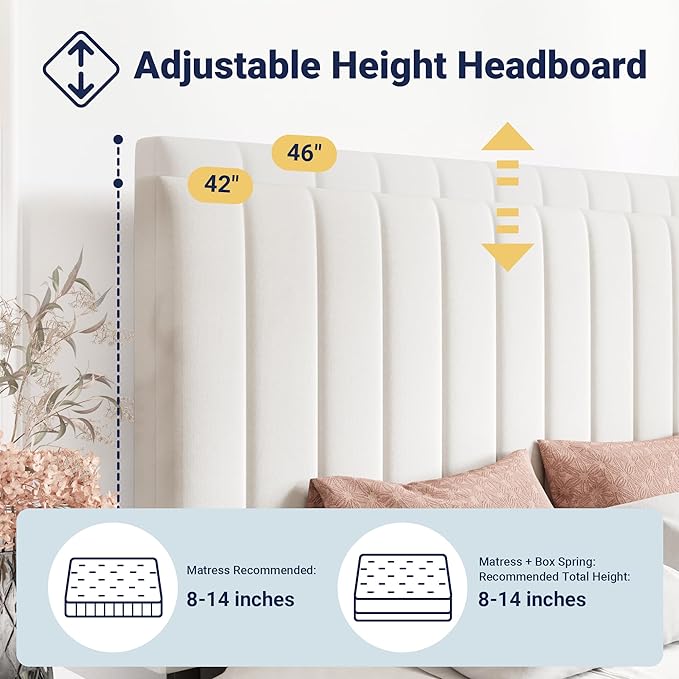 Allewie Full Size Storage Bed Frame, Vertical Channel Tufted Adjustable Headboard, Velvet Upholstered Platform Bed with 4 Oversized Underbed Drawers, Wooden Slats Support, No Box Spring Needed, White