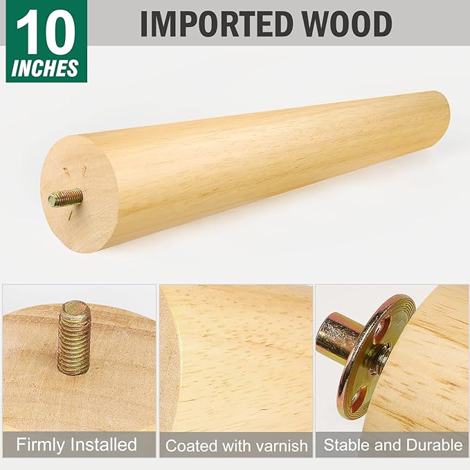 FoDau770 Rubber Wood Furniture Legs 10 Inches, Slant Tapered Wood Feet Mid Century Sofa Legs Set of 4, 5/16" UNC Furniture Feet Replacement Parts for Cabinet Couch Dresser Chair Ottoman Table