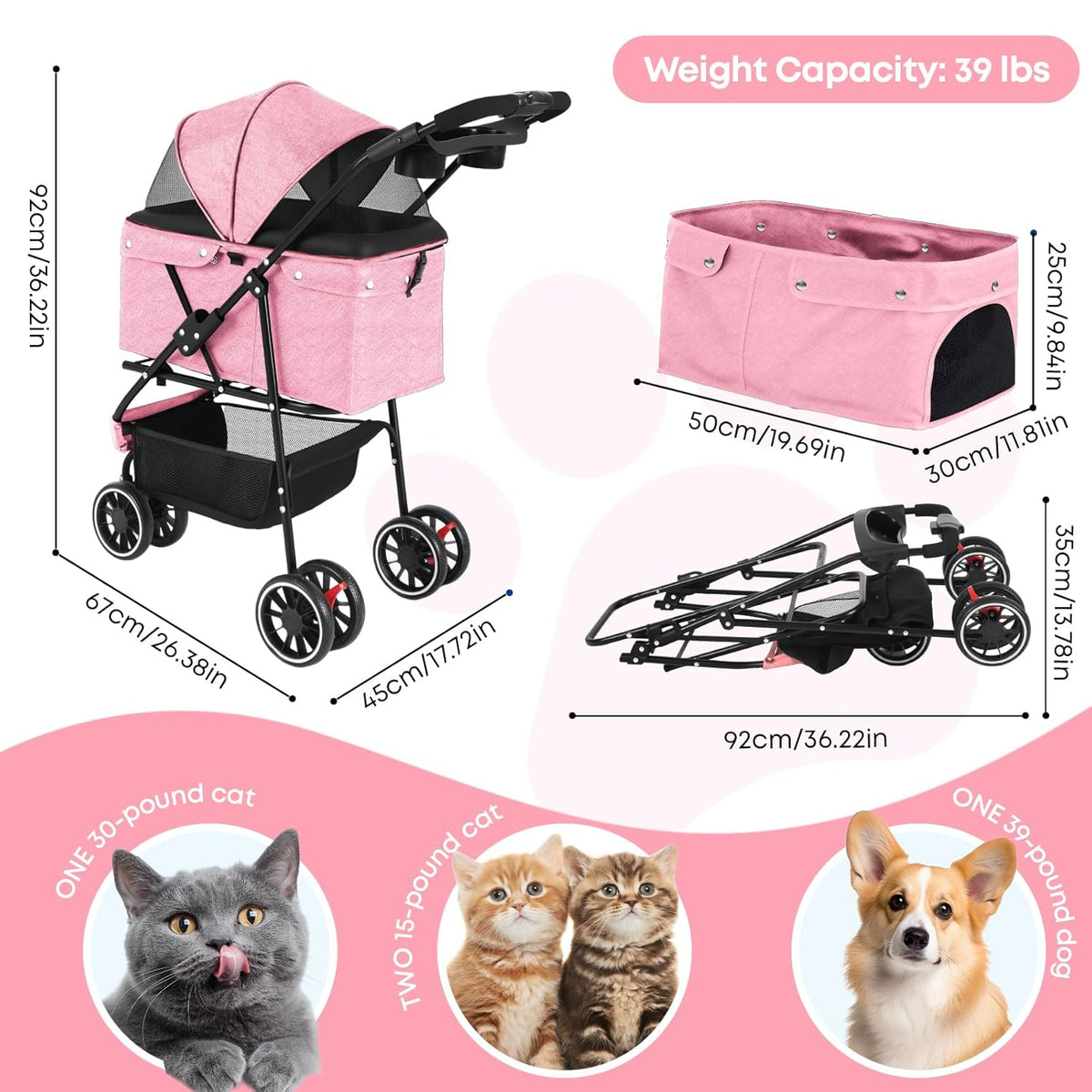 Pet Stroller,Dog Stroller for Small Medium Dogs Cats,3 Wheels,Foldable,with Breathable Mesh Canopy,Cup Holders,Easy Assembly,Pink