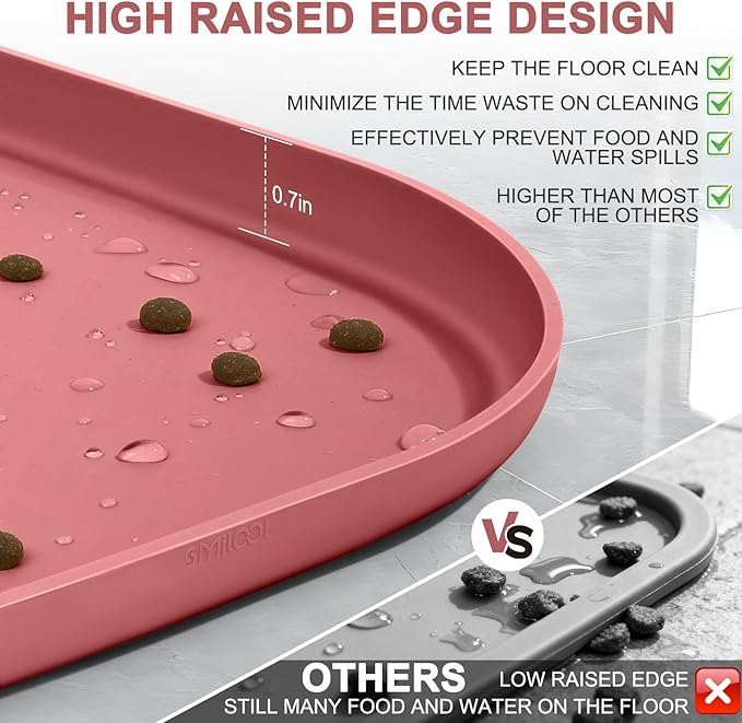 SMILOOL Waterproof Silicone Pet Food Mat with Raised Edge for Dog & Cat | 22" x 14" Non-Slip Pet Feeding Mats with Lip for Food & Water Bowl, Food Grade, Easy Cleaning, Erythrinus