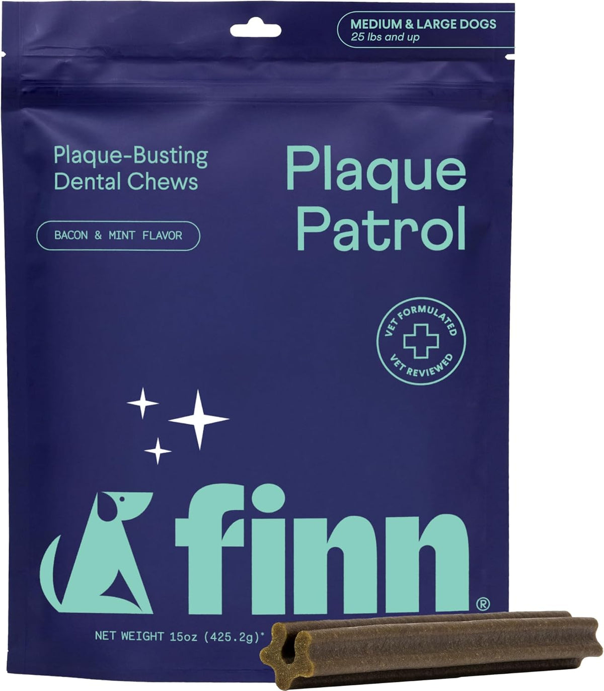 Finn Plaque Patrol Dental Chews | Triple-Action Defense Against Plaque, Tartar, and Bad Breath | for Medium/Large Dogs, 25+ lbs