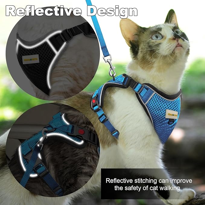Cat Harness and Leash for Walking, Retractable Cat Harnesses and Leash Set Escape Proof, Breathable Soft Kitten Small Large Harness for Travel Training and Walking, Blue, XS