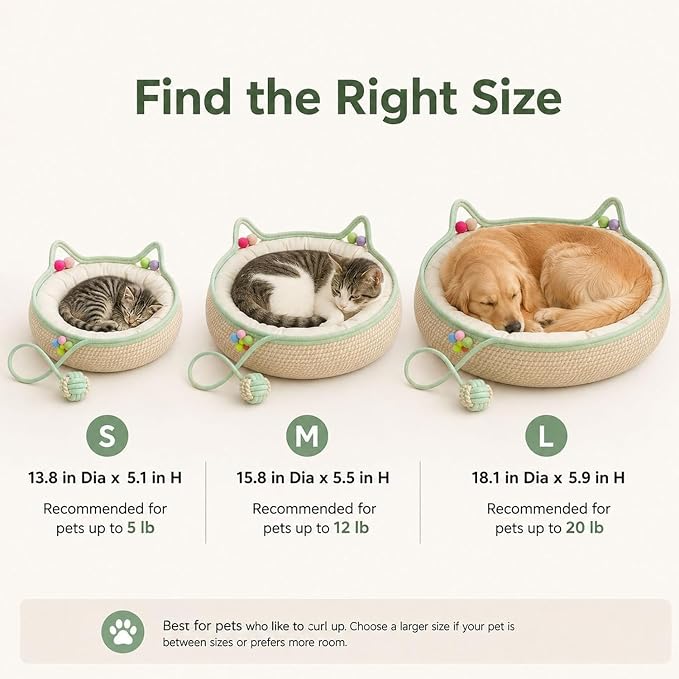 Handwoven Cotton Rope Cat Basket Bed with Hanging Ball Toy (Green, Large) | cat bed, woven cat basket, kitten bed, small dog bed, cat toy ball, all season pet bed, washable cat cushion