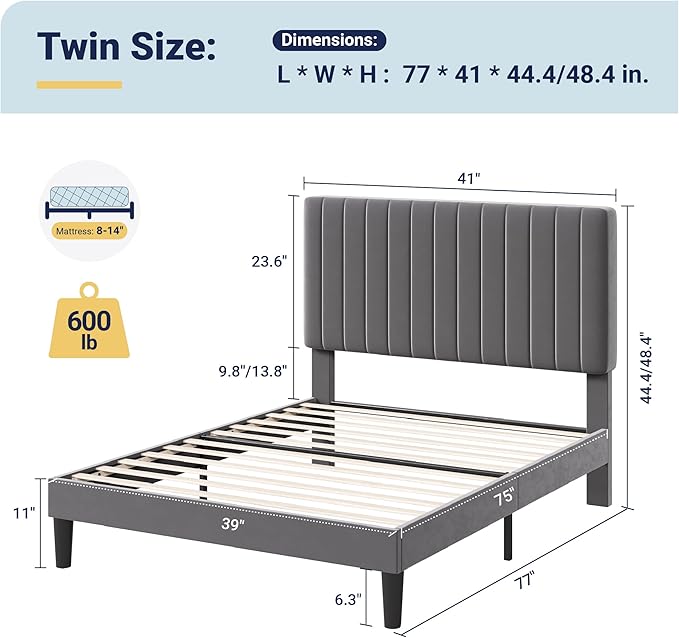 Allewie Twin Bed Frame, Velvet Upholstered Platform Bed with Adjustable Vertical Channel Tufted Headboard, Mattress Foundation with Strong Wooden Slats, Box Spring Optional, Easy Assembly, Grey