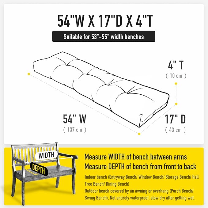 SUNROX LokGrip Non Slip Tufted Memory Foam Bench Cushion, FadeShield Water Resistant Durable Thicken Outdoor/Indoor Bench Seat Pads 54x16x4 inch, Heather Charcoal