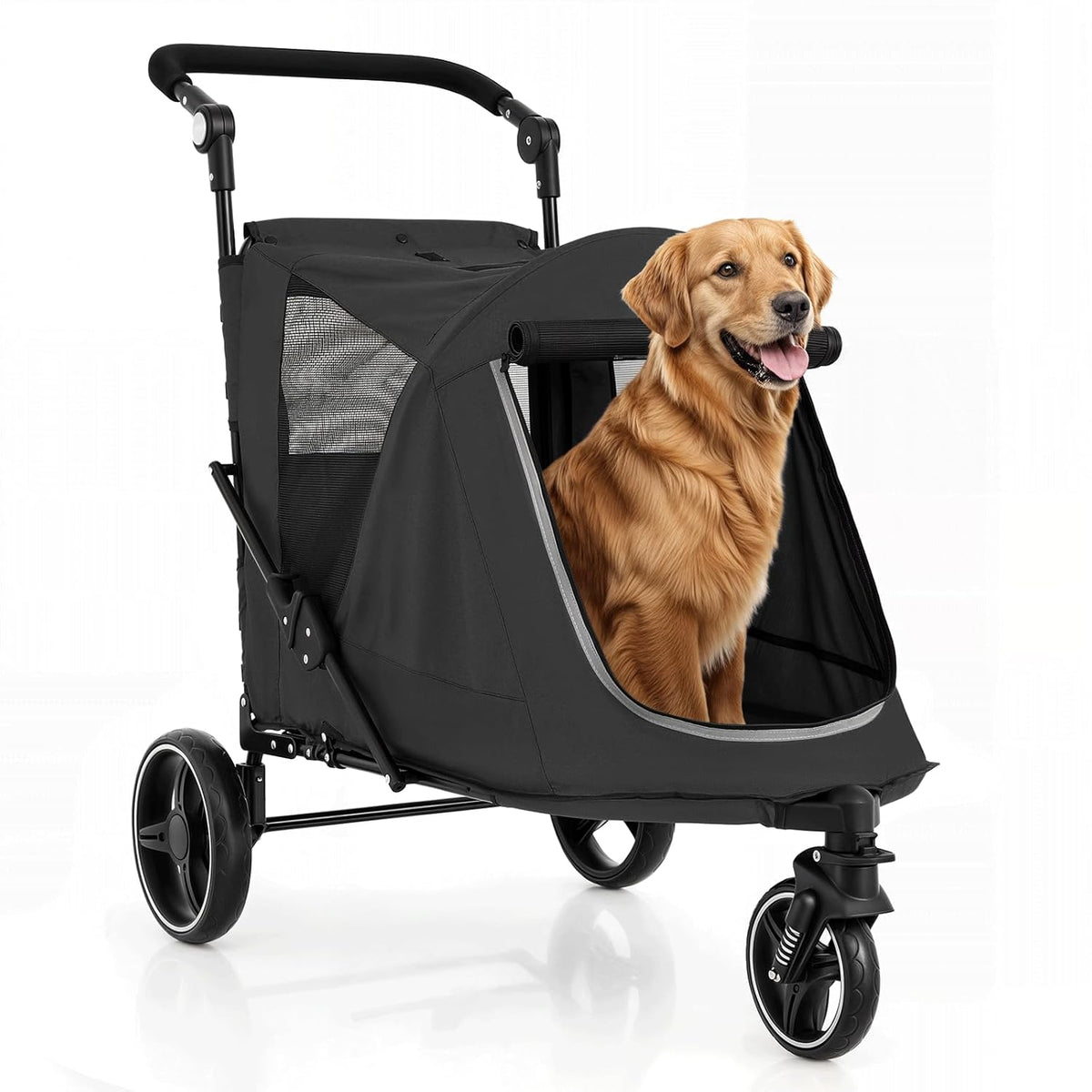 Magshion Pet Stroller for Medium Dogs w/Adjustable Handle, 3-Wheel Dog Cat Wagon w/Dual Entry, Rear Storage, Breathable Mesh, One-Foot Brake, Ideal for Large Pets up to 55 lbs, Black