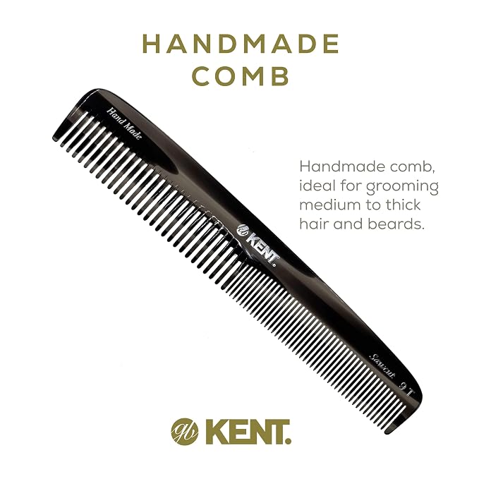 Kent 9T Black Graphite Fine Tooth and Wide Tooth Detangler Comb - Large Handmade Dressing Comb for Wet Hair and Durable Grooming, Hand Polished, Saw-Cut Made in England