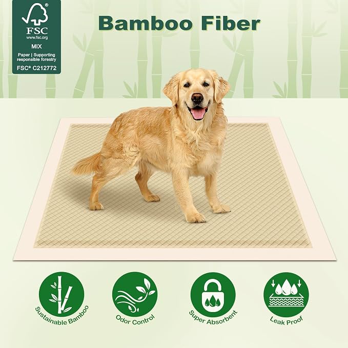 MIZOK Bamboo Dog Pee Pads Highly Absorbent No Leak X-Large 28x34in 100Ct | Thick Bamboo Fibers Instantly Absorb Liquid and Neutralize Bad Odors Keeping Your Indoor Living Space Clean and Leak Proof