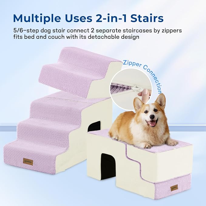 ZOMISIA Dog Stairs for Large Dogs with Tunnel, 24" H 5 Steps for High Bed | Tunnel 2 in 1 with Zippers, Suitable for Puppy and Older Cats for couch, Non-Slip Durable Dog Steps with High-Density Foam