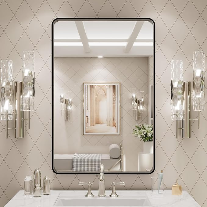 LOAAO 20X30 Inch Black Metal Framed Bathroom Mirror