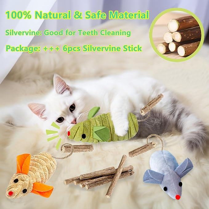 Cat Toys, 3 Mice Catnip Toy Crinkle Sound for Indoor Cat with Silvervine Chew Stick for Dental Chirping Mouse Plush Kitten Cleaning Teeth Matatabi Bite Interactive Cat Kitty Gifts