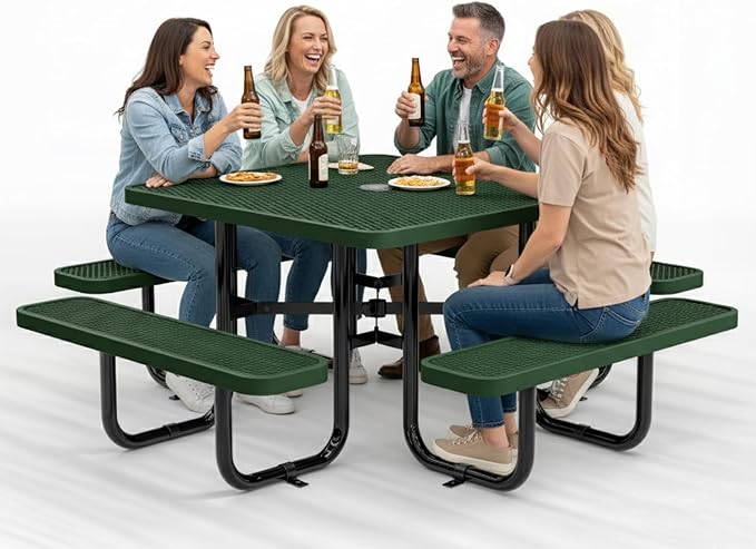 Metal Picnic Tables for Outdoors with Umbrella Hole - Coated Steel Heavy Duty Commercial Grade Furniture with Adjustable Seats (Green, 46 in, Square, Expanded Steel)
