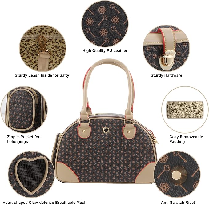 Fashion Dog Carrier PU Leather Dog Handbag Dog Purse Cat Tote Bag Pet Cat Dog Hiking Bag, Brown, Small 38 * 23 * 17cm