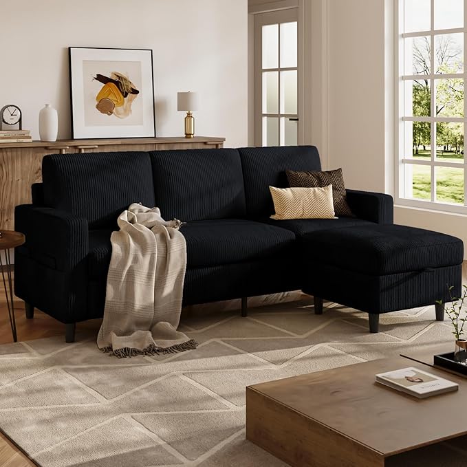Sectional Couches for Living Room, L Shaped Couch with Storage Ottoman, Small Sofa Corduroy Couch with Side Pockets, Modern 3 Seater Convertible Sofa for Apartment, Office, Black