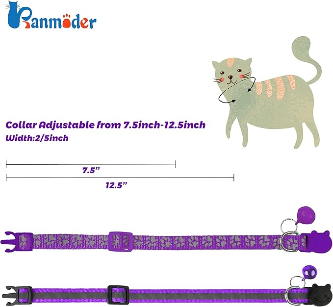 BANMODER 2 Pack Reflective Cat Collar Breakaway with Bell,Personalized Kitten Collars,Adjustable Safety Buckle Collar for Male Cats Girls & Boys (Purple)