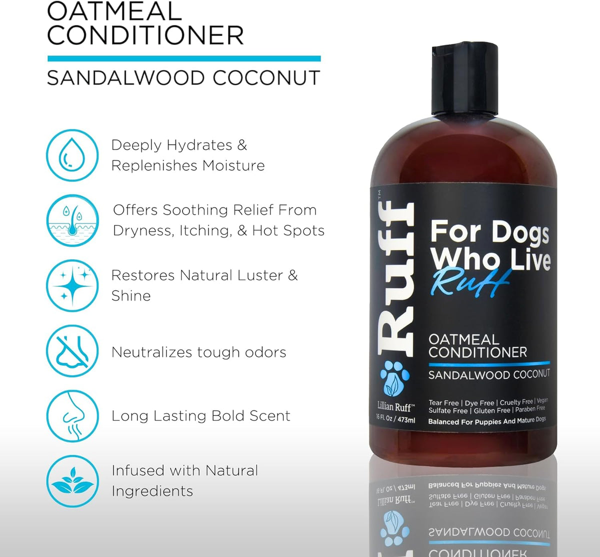 Ruff by Lillian Ruff Sandalwood Coconut Oatmeal Conditioner for Dogs – Moisturizes & Soothes Dry Itchy Skin, Promotes Healthy Coat, Gluten-Free, Tear-Free, Sulfate-Free, Paraben-Free, Made in USA