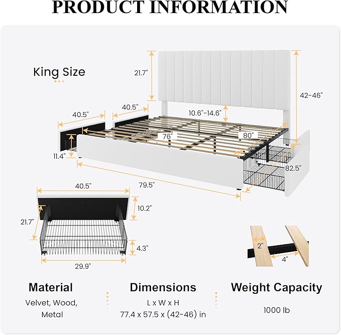 SHA CERLIN King Size Platform Bed Frame with 4 Storage Drawers, Vertical Channel Tufted Adjustable Headboard, Velvet Upholstered, Wooden Slats Support, No Box Spring Needed, Easy Assembly, White